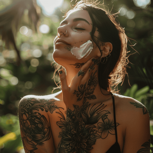Femme tatouée appliquant la crème Irinau Tattoo pour illustrer le guide de cicatrisation des tatouages avec des soins naturels.