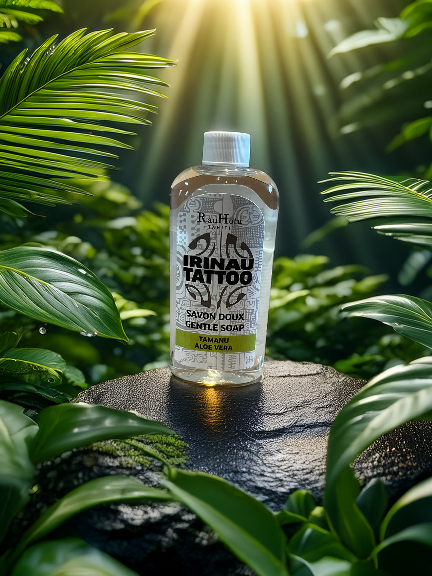 Savon tatouage Irinau posé dans un décor naturel – soin vegan et purifiant